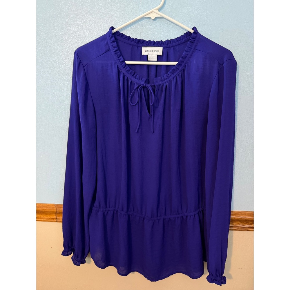 Liz Claiborne Royal Purple Ruffle Neck Peplum Blouse Long Sleeve Top Large